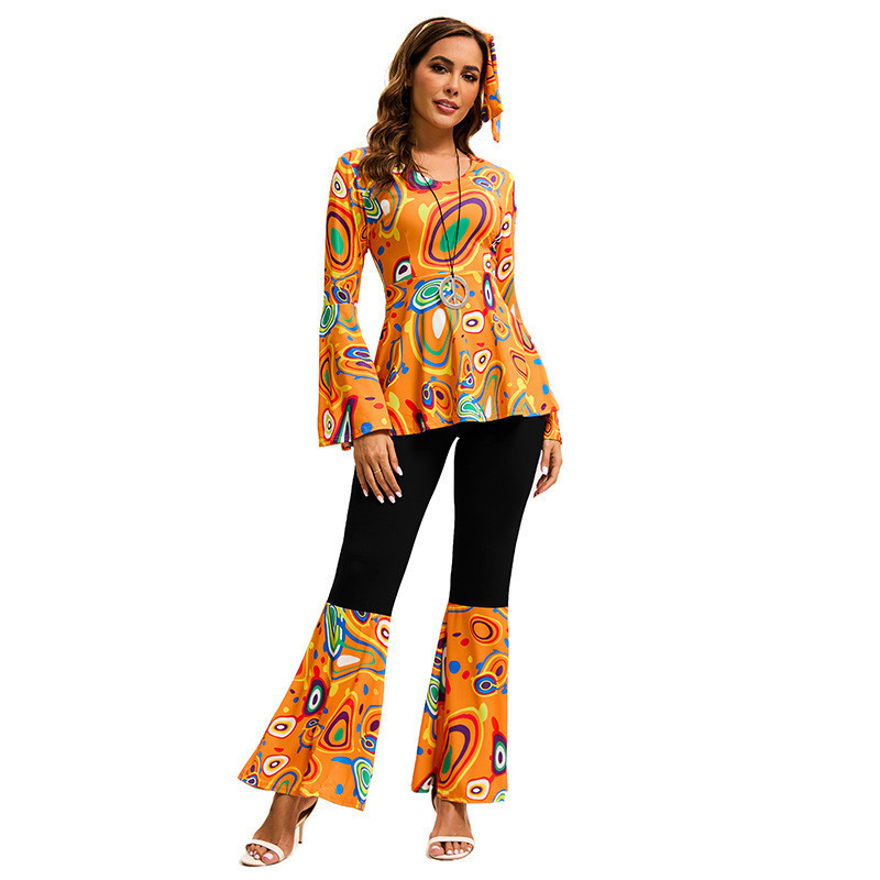 Fantasia Feminina Retrô Anos 70 Hippie Disco com Blusa de Manga Larga e Calça Flare, Conjunto para Festa de Halloween SI — imagem 2 de 2