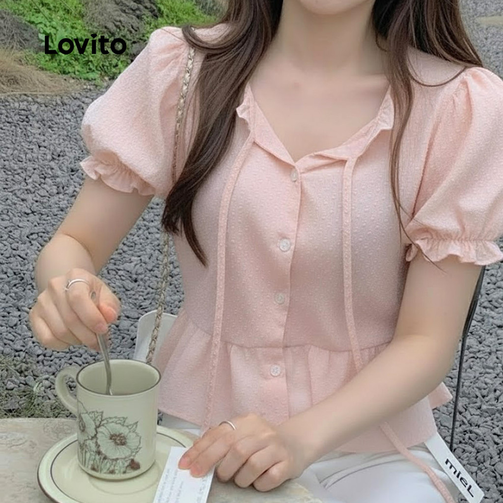 Detalhes do Lovito Blusa Casual Botão Frontal Amarração Primavera/verão Blusa Rosa para Mulheres LK2ED190