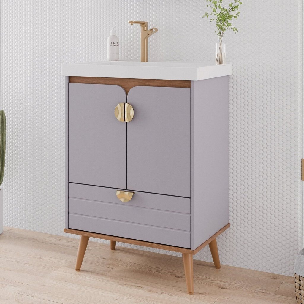 Gabinete para Banheiro 60cm com 2 Portas 1 Gaveta e Cuba de Embutir Trancoso Cinza/Platina Platina