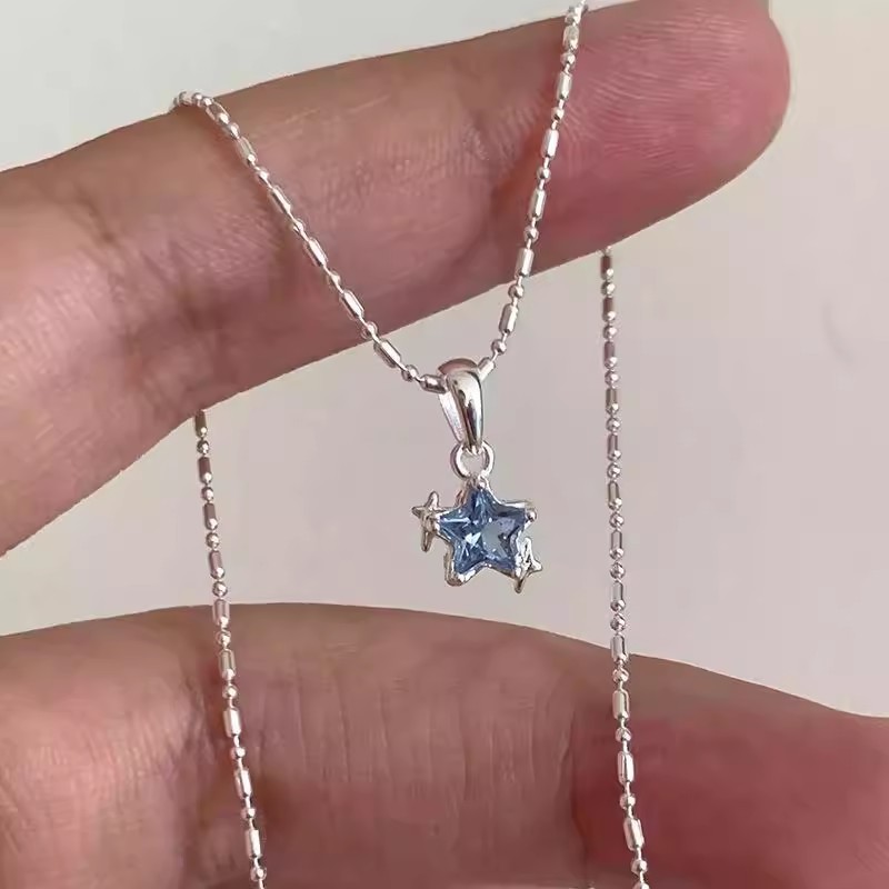 Novo Kpop Azul Zircão Estrela Pingente Colar Para Mulheres Meninas Simples Metal Clavícula Corrente Estética Y2K Jóias P