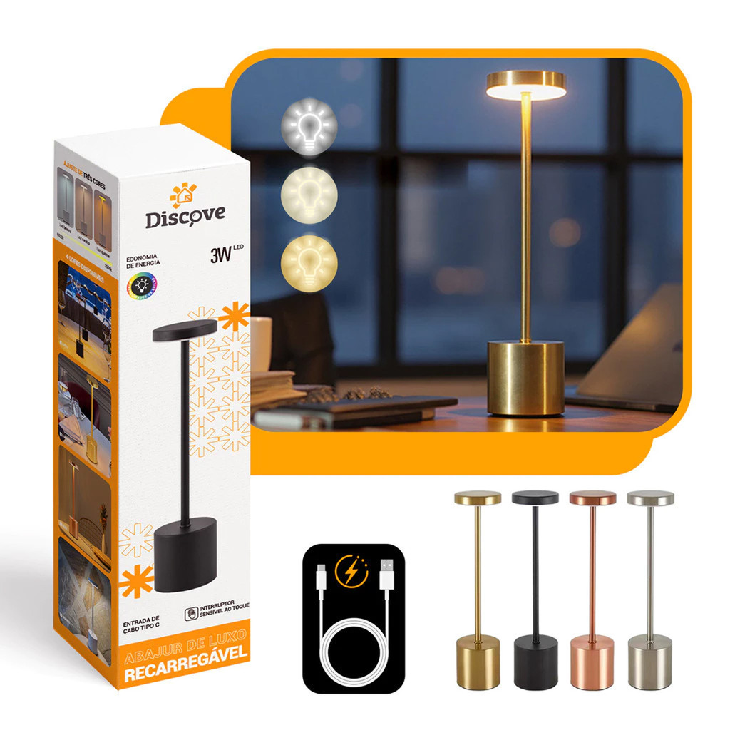 Luminária de Mesa Abajur Cabeceira Escrivaninha LED 3 em 1 Recarregável Tipo C