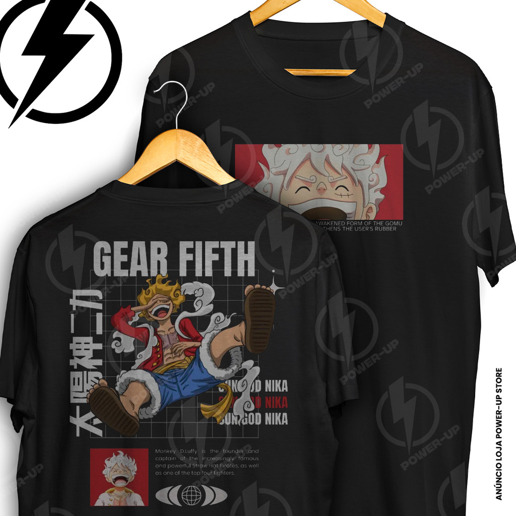 Camiseta Gear Fifth Luffy Sun God Nika One Piece Frente E Verso Blusa Camisa 100% Algodão