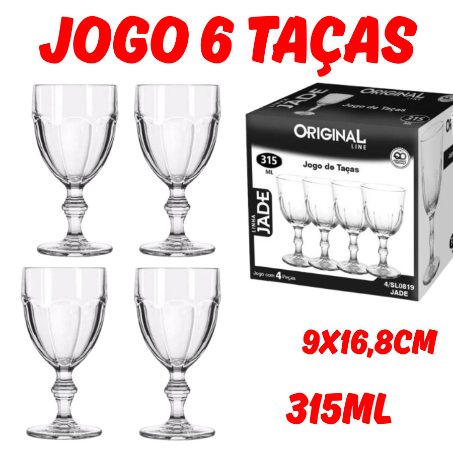Jogo 6 Taças Jade Vidro 315ML Resistente Transparente Original Glass Ideal Para Aguas Sucos Bebidas