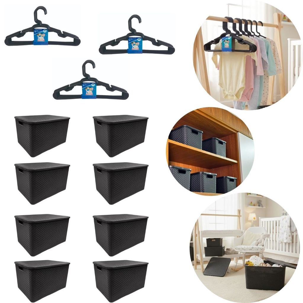 8 Caixa Organizadora 7 Litros Rattan Preta + 15 Cabides infantil