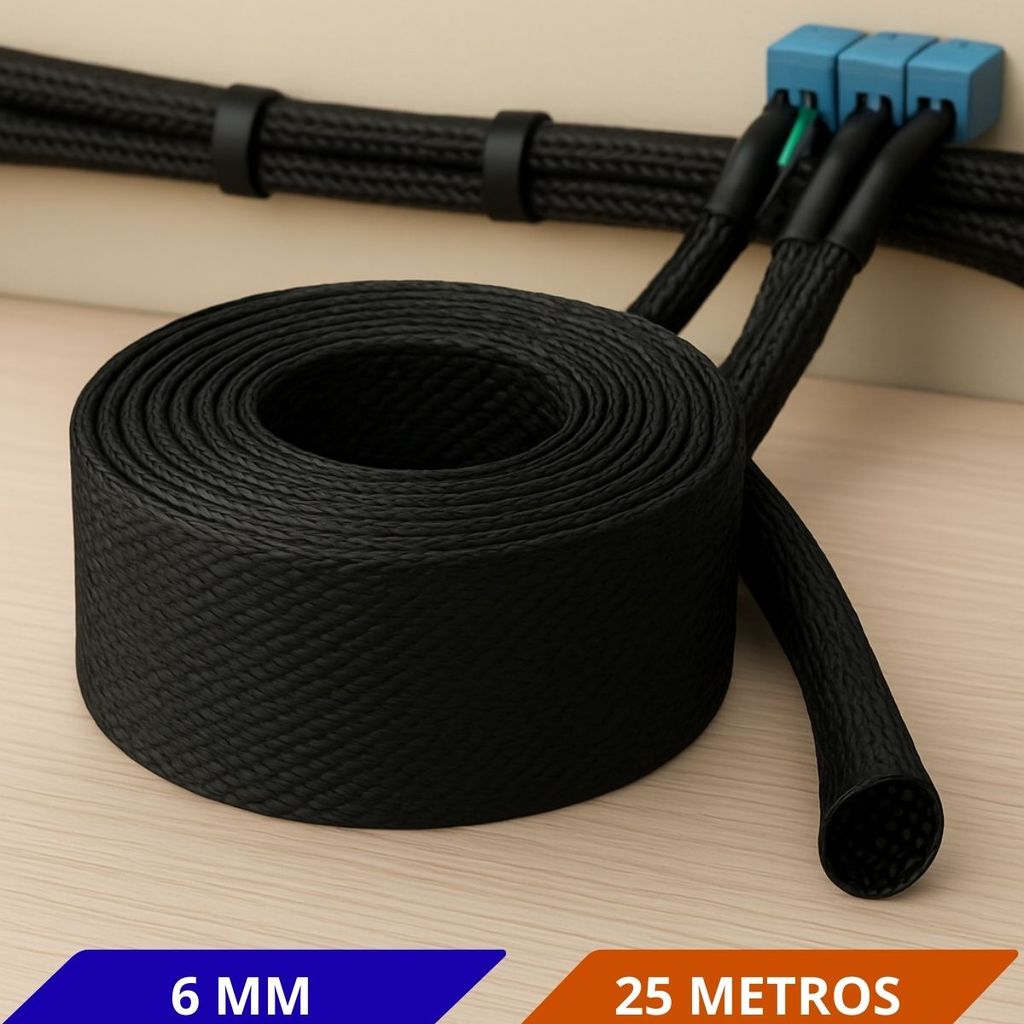 Malha Náutica Expansiva 6mm Nylon Preta 25 Metros Organização e Proteção de Cabos Elétricos Industriais Automotivo