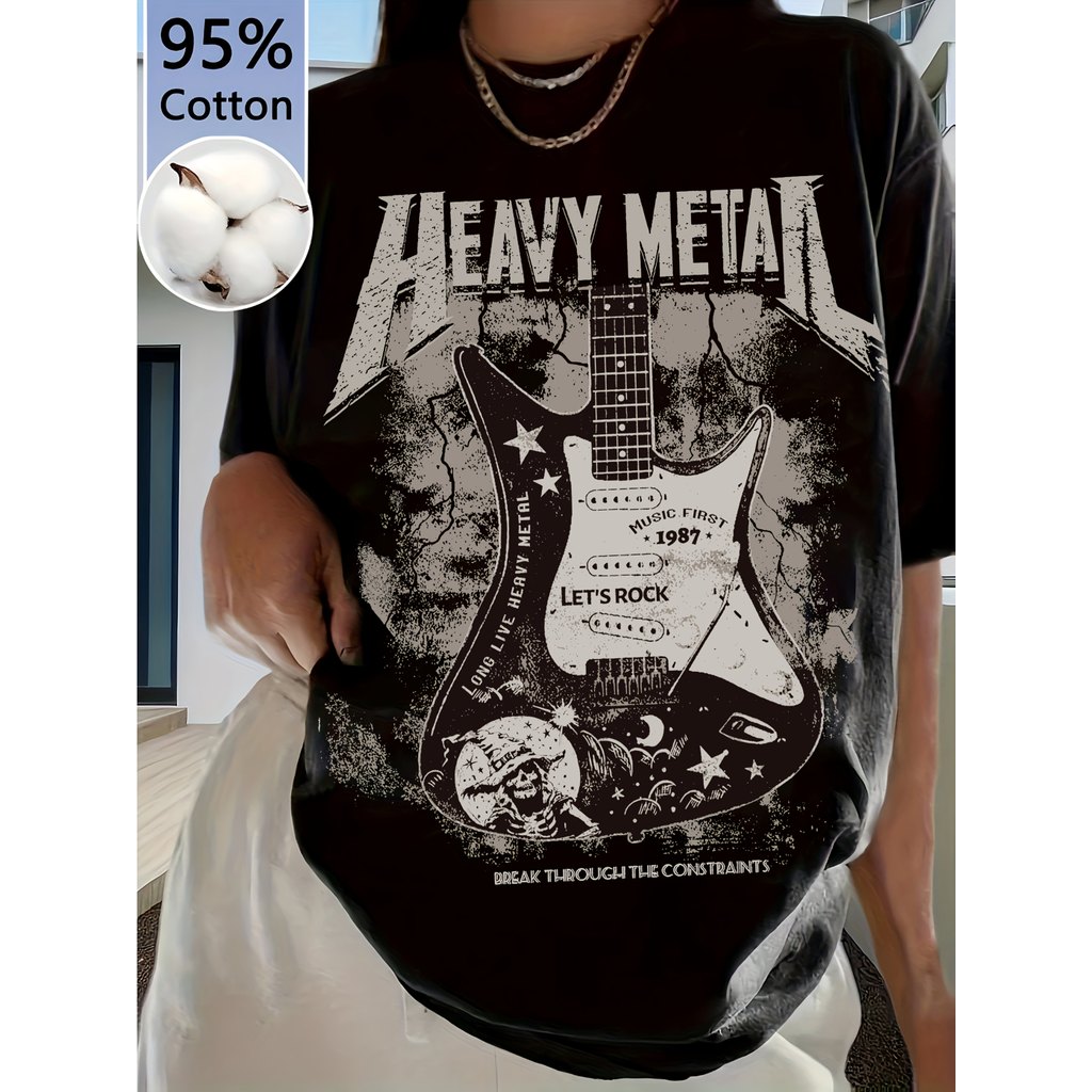 Camiseta Oversized Unissex Preta, Design Temático de Guitarra Rock Heavy Metal, Camiseta de Rua Estilosa de Música Retrô
