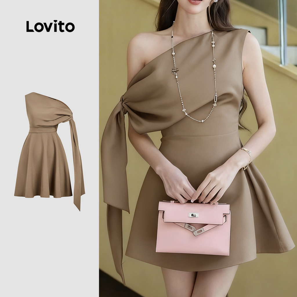Lovito Elegante Vestido Assimétrico com Amarração Frontal para Primavera/verão Na Cor Cáqui para Mulheres L164ED283