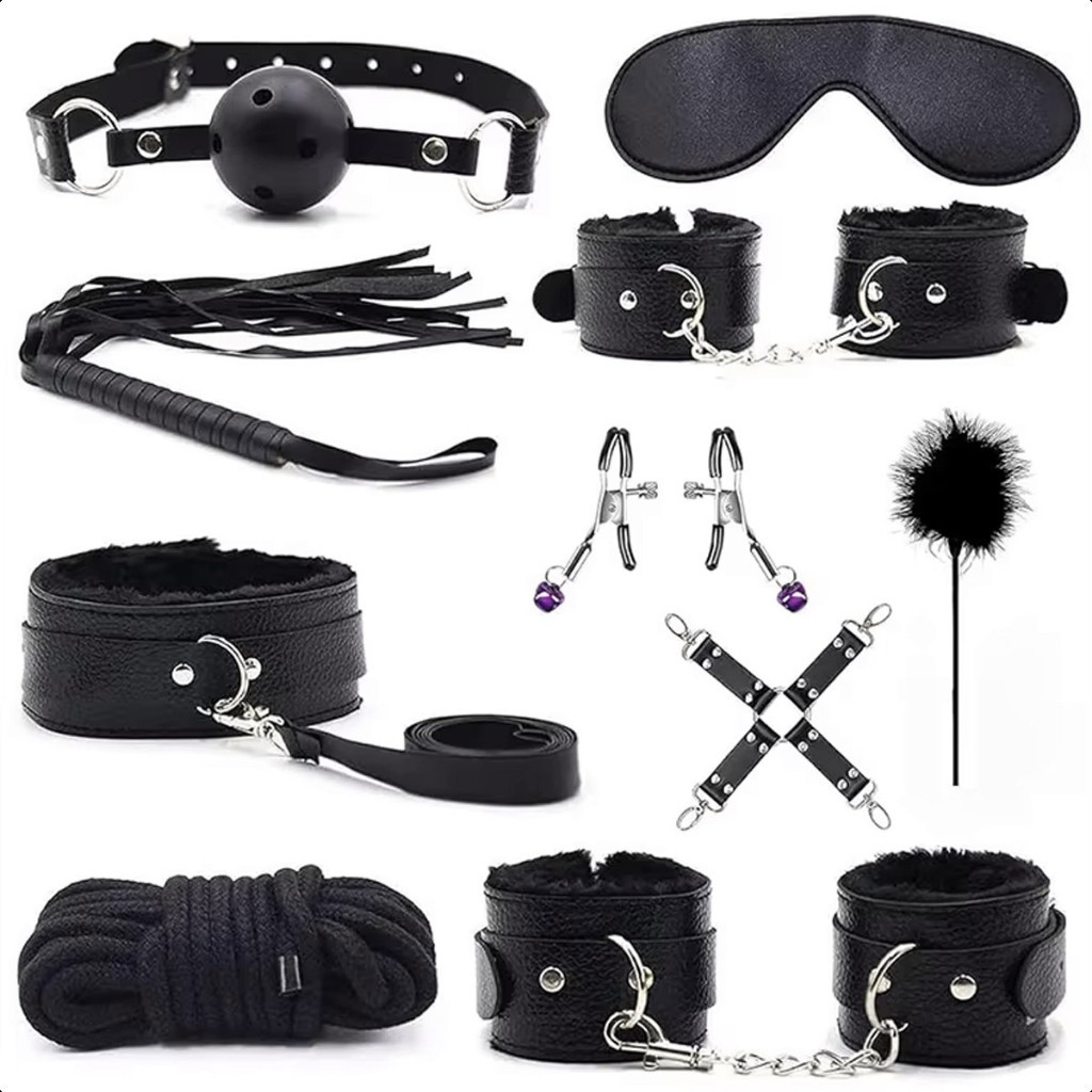 KIT 10 Bondage Bdsm Sado Couro Pelúcia Excita Fetiche Dominação Mordaça Algema Chicote Coleira