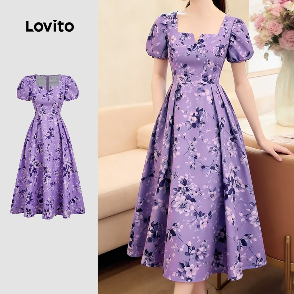 Lovito Padrão de Vestido Casual Estilo Resort Vestido Roxo Plissado Primavera/ve