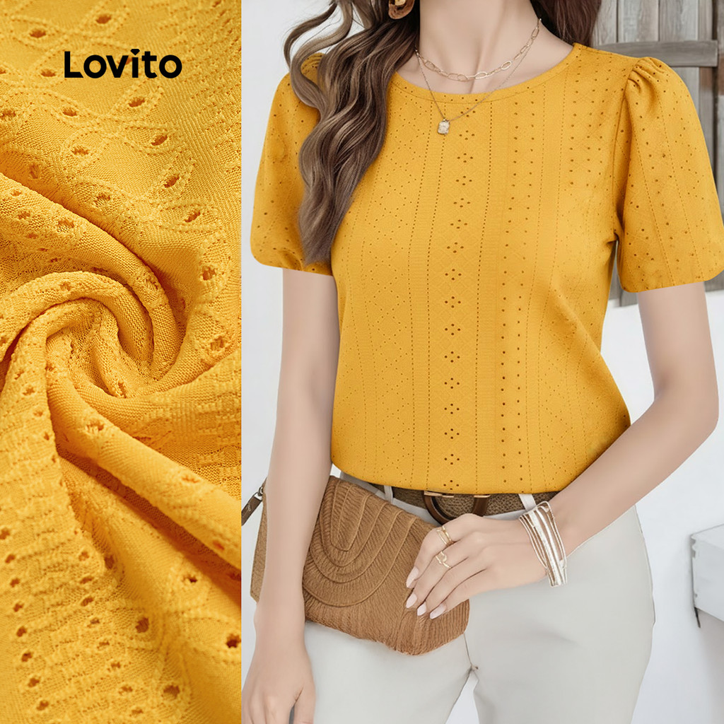 Lovito Elegante Blusa Plissada Primavera/verão Blusa Amarela para Mulheres L177ED286