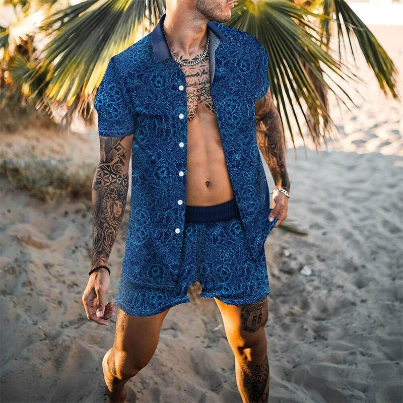 Camisa Masculina De Verão casual shorts De Manga Curta Terno De Praia
