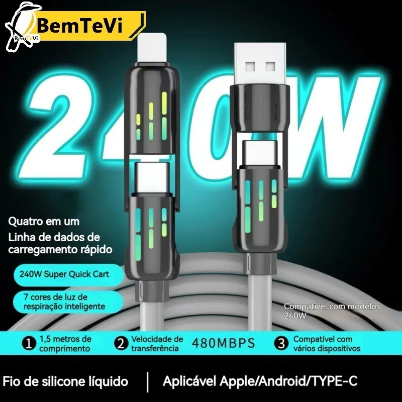 Cabo USB Tipo C para iPhone/Samsung cabo tipo c turbo 240W 4 em 1 cabo super rápido