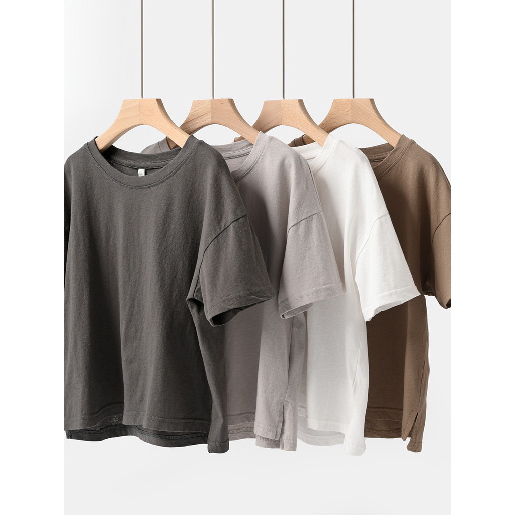 Solto versão larga fina crianças puro algodão lavado algodão de manga curta meninos meninas em torno do pescoço camiseta