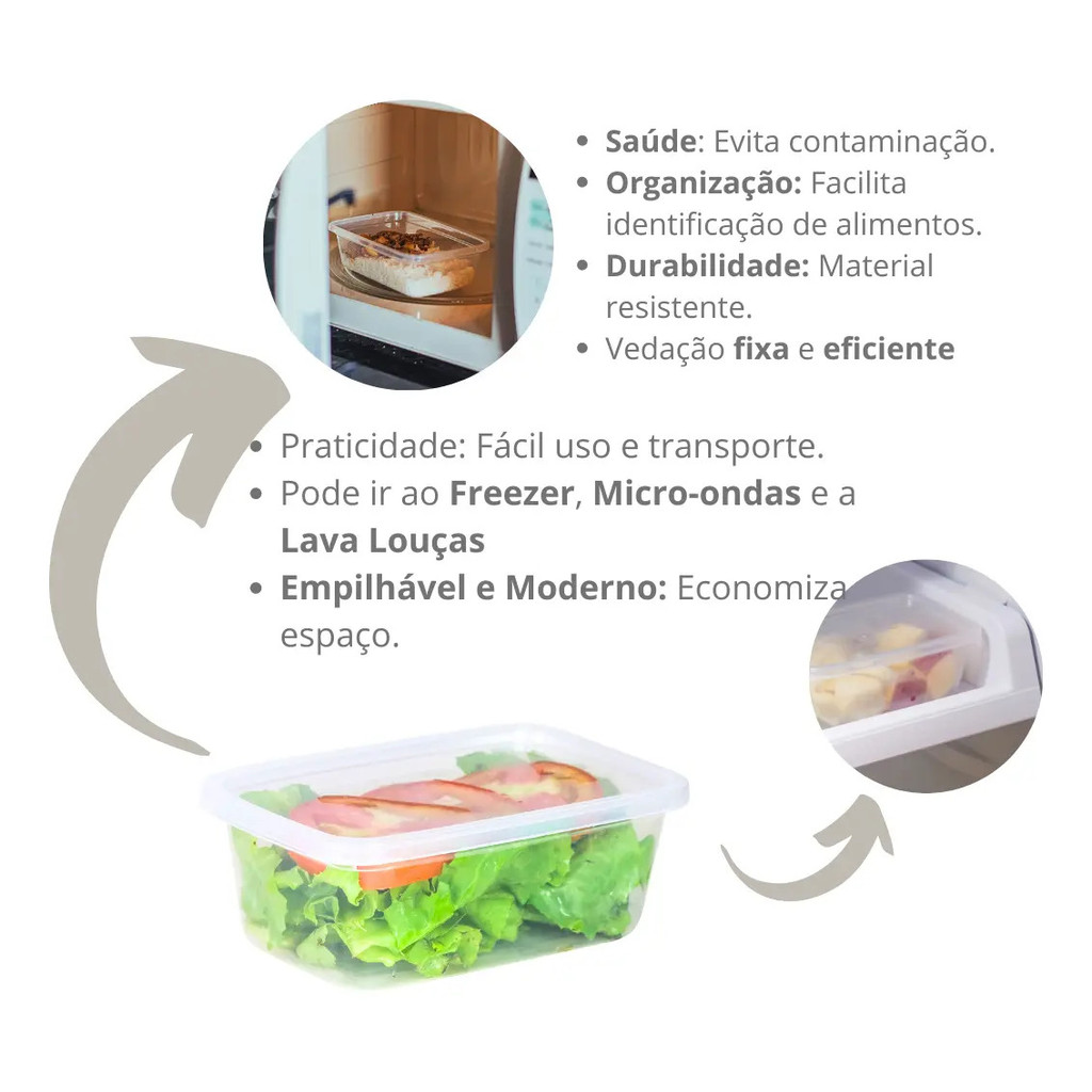 Kit 10 Potes Transparente Marmita Fitness Bpa Free Reutilizável Tampa Hermética Micro E Freezer Lar Utilidades — imagem 2 de 2
