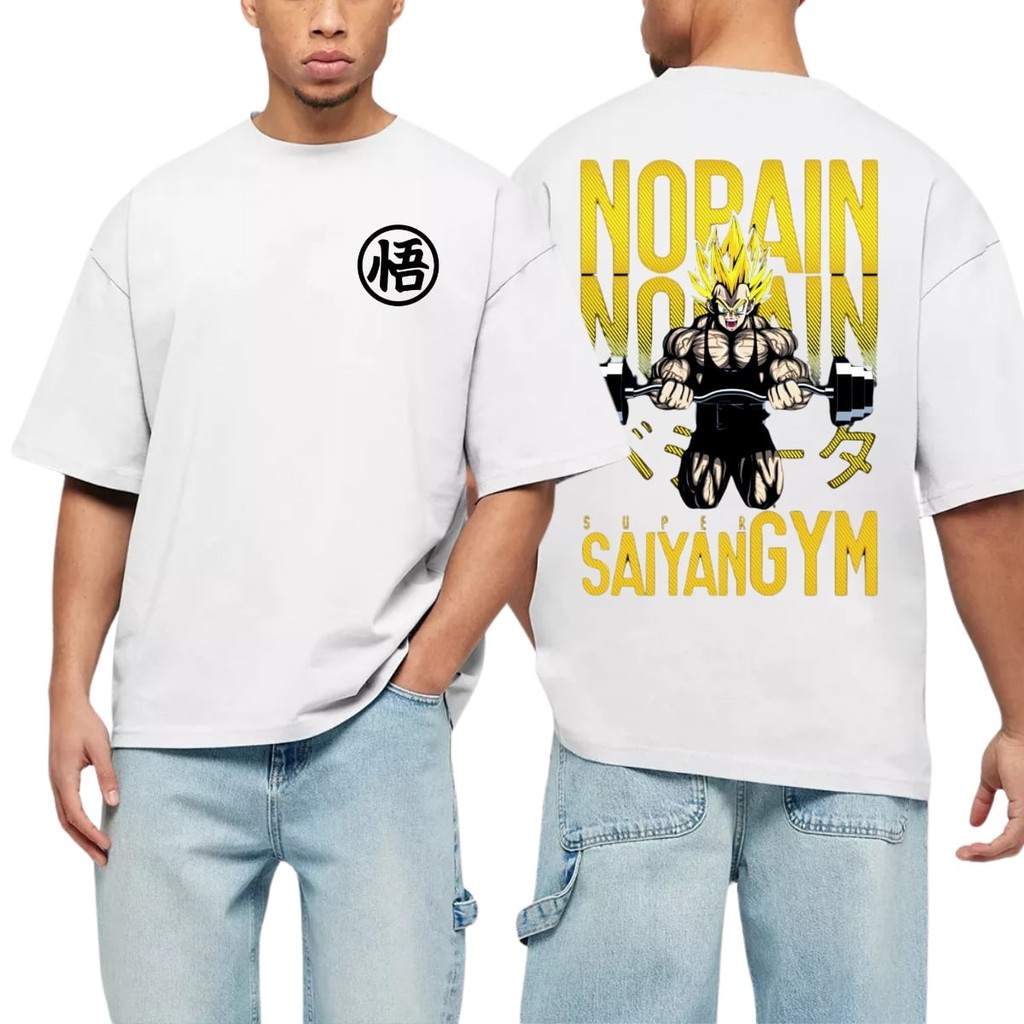Camiseta Oversized Branca Confortável Algodão Modelo "Vegeta Academia No Pain No Gain" para Academia