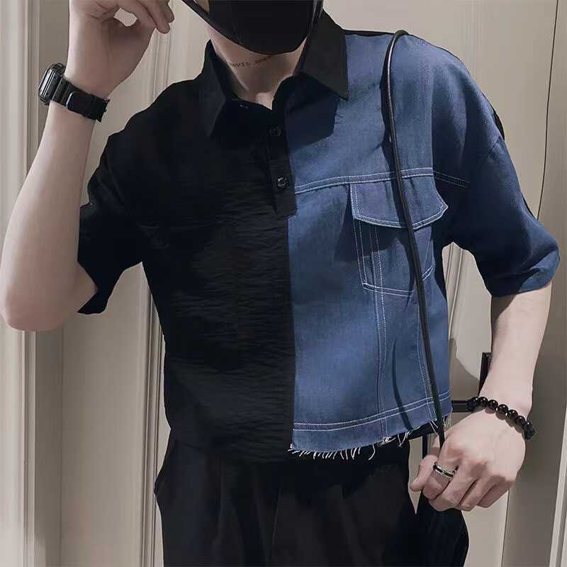 Camisa de costura jeans 2025 estilo camisa masculina de verão camisa Casual rufião bonito camisa pequena