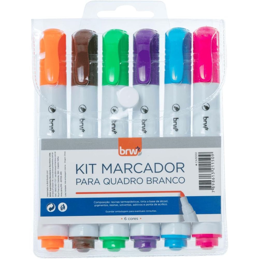 Marcador BRW Para Quadro Branco Blister Com 6 Cores