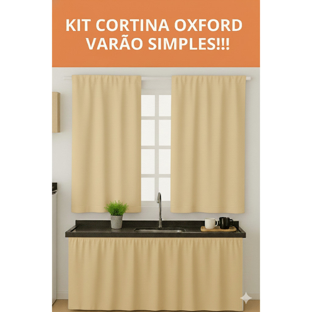 Cortina Pra Cozinha Kit Janela e Pia Simples Oxford em Oferta na Shopee