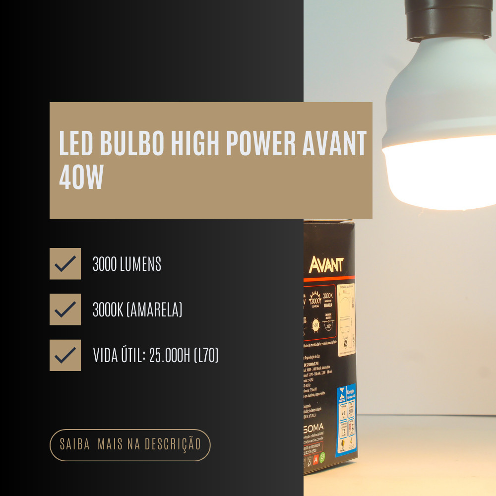 Detalhes do Kit 2 Lâmpadas LED Bulbo Avant 40W 3000K Amarela Bivolt E27 3000lm Alta Potência
