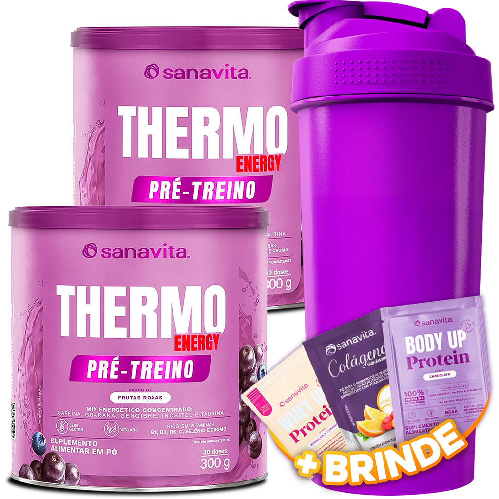 2x Termogênico Suplemento Thermo Energy Sanavita 300g Pré Treino Sabor Frutas Roxas + Coqueteleira