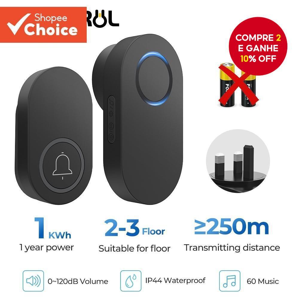 SMATRUL UK Plug Campainha de Porta Sem Fio 60 Sinos IP44 à Prova d'Água 350M Faixa 110dB