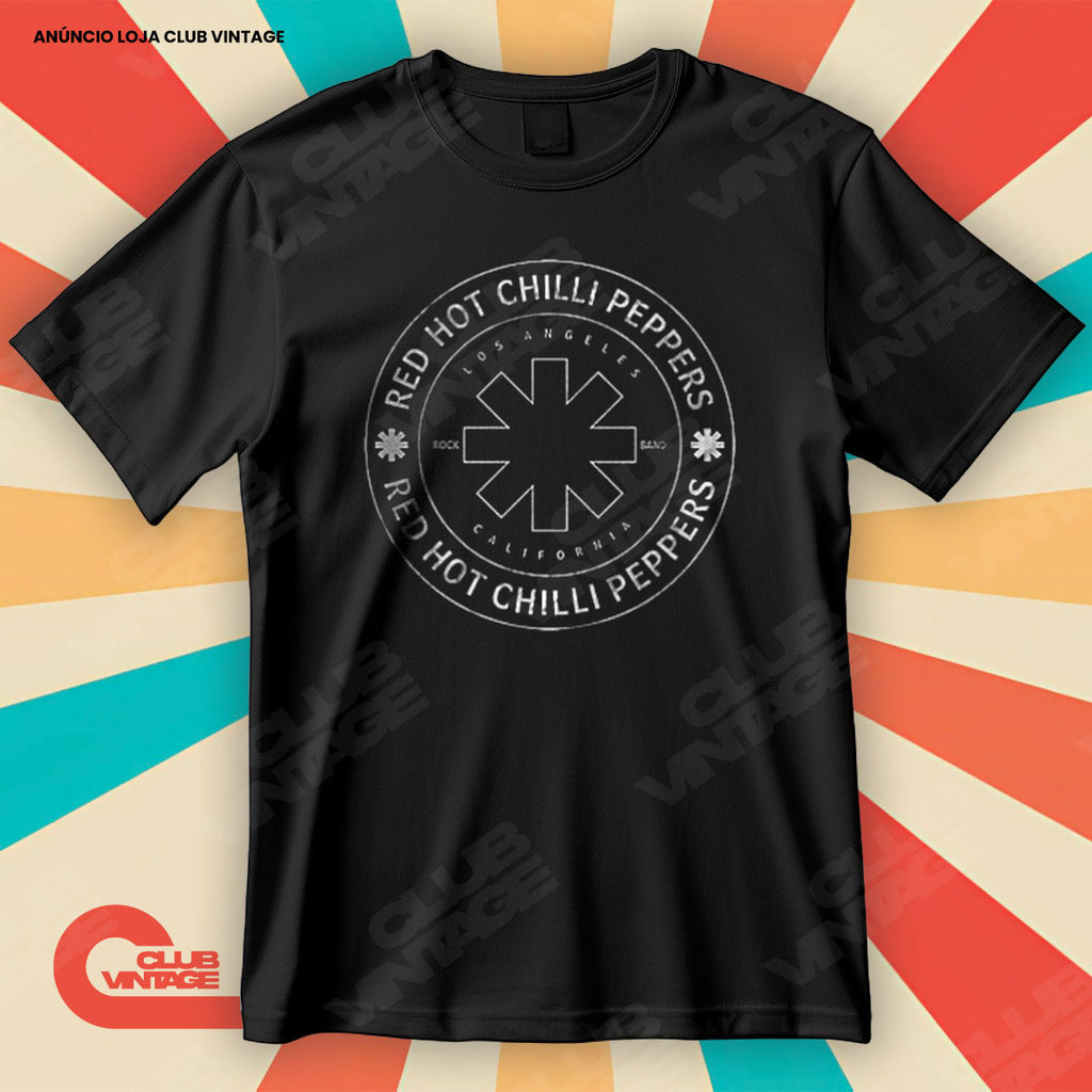 Camiseta Banda Red Hot Chili Peppers Logo Tradicional Preto e Branco Camisa Rock & Roll 100% Algodão