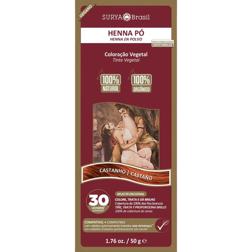 Tintura Natural Vegana Henna Pó Surya Coloração Castanho
