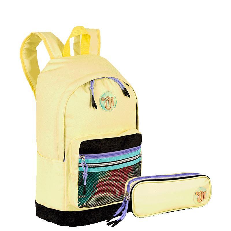 Kit  Mochila Grande e Estojo 2 Compartimentos Capricho Candy - Amarelo