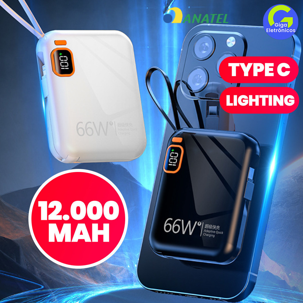 Recarga super rápida oferece bateria carregadora 12000mAh compacta com cabo integrado duplo carregamento rápido
