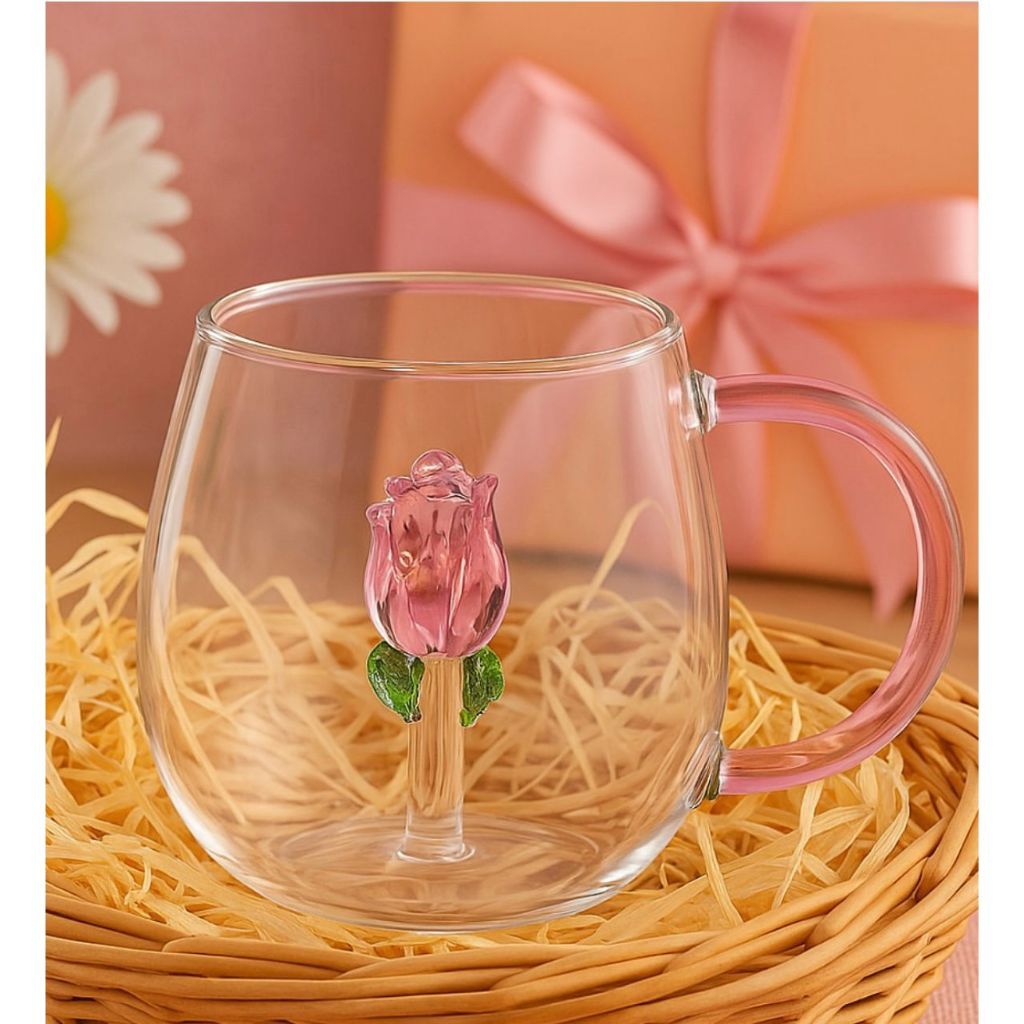 Caneca Decorada Flamingo Coração e Rosa Xícara Vidro 3D 350 ml