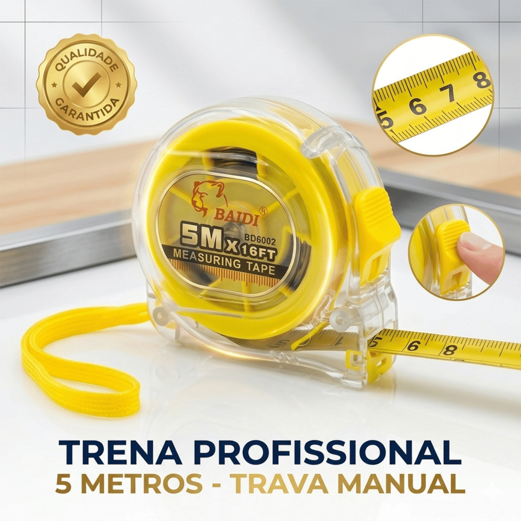 Trena Profissional 5M com Trava Manual Suporte de cinto alça Fita Métrica de Aço Ferramenta Precisão