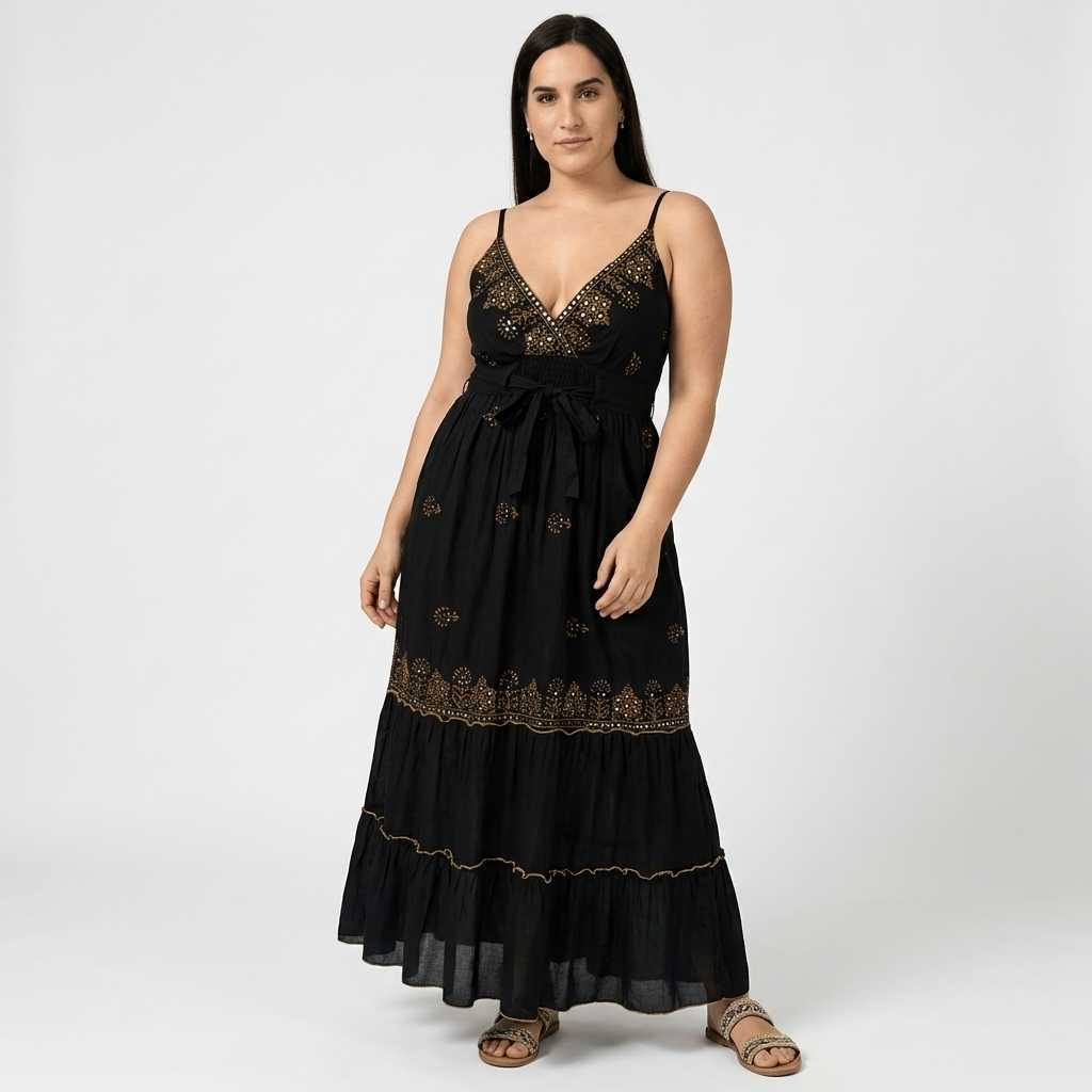 Vestido Longo Indiano em Alças Liso com Bordados e Aplique