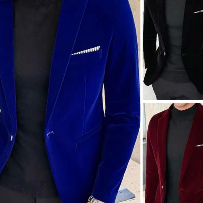  Primavera Masculina Blazer Cor Sólida Turndown Colarinho Manga Longa Fino Ajuste Único Botão Veludo Tern