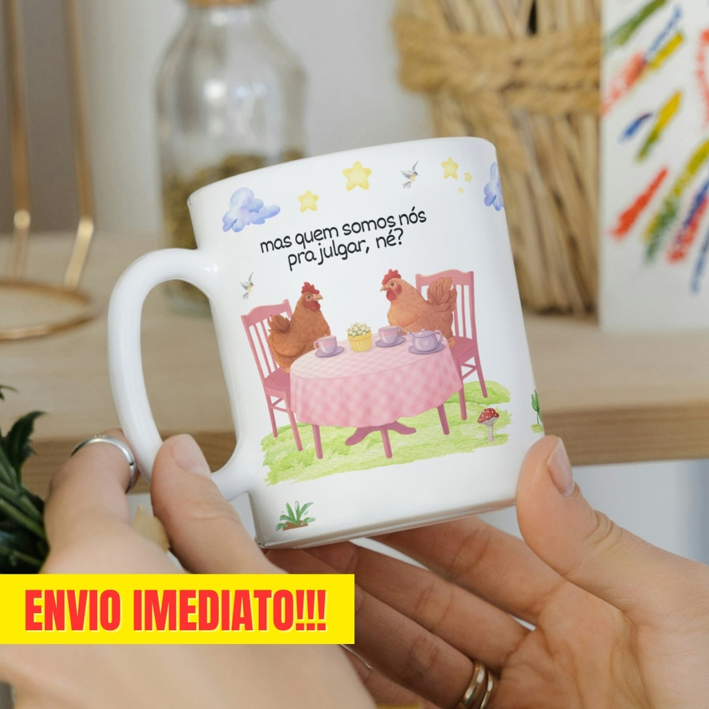 Caneca Xicara Porcelana 325ml Galinhas Meme Amigas Personalizada Presente Decoração Casa