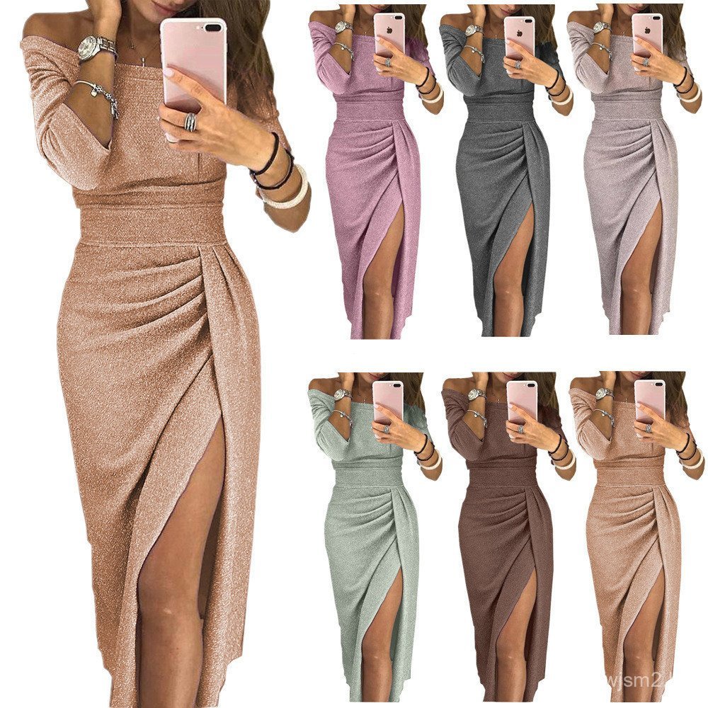 Vestido Longo de Festa, Vestido Bodycon Feminino com Fenda, Vestido Ombro a Ombro, Vestido de Noite Brilhante S
