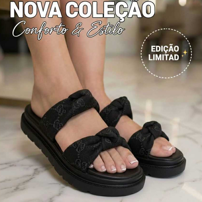 Sandália Slide Feminina Plataforma Acolchoada com Laço Duas Tiras Confortável