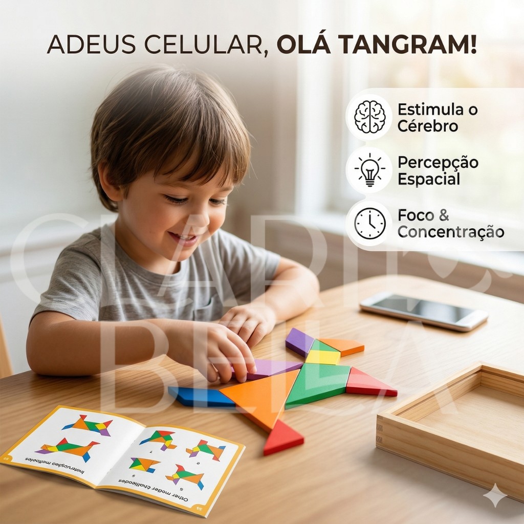 Detalhes do Tangram Educativo Infantil Madeira Colorido Jogo Inteligência +40 Formas Com Case Raciocínio Lógico