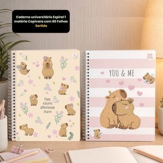 Caderno capivara, caderno 80 folhas, caderno costurado, material escolar, caderno universitário, papelaria