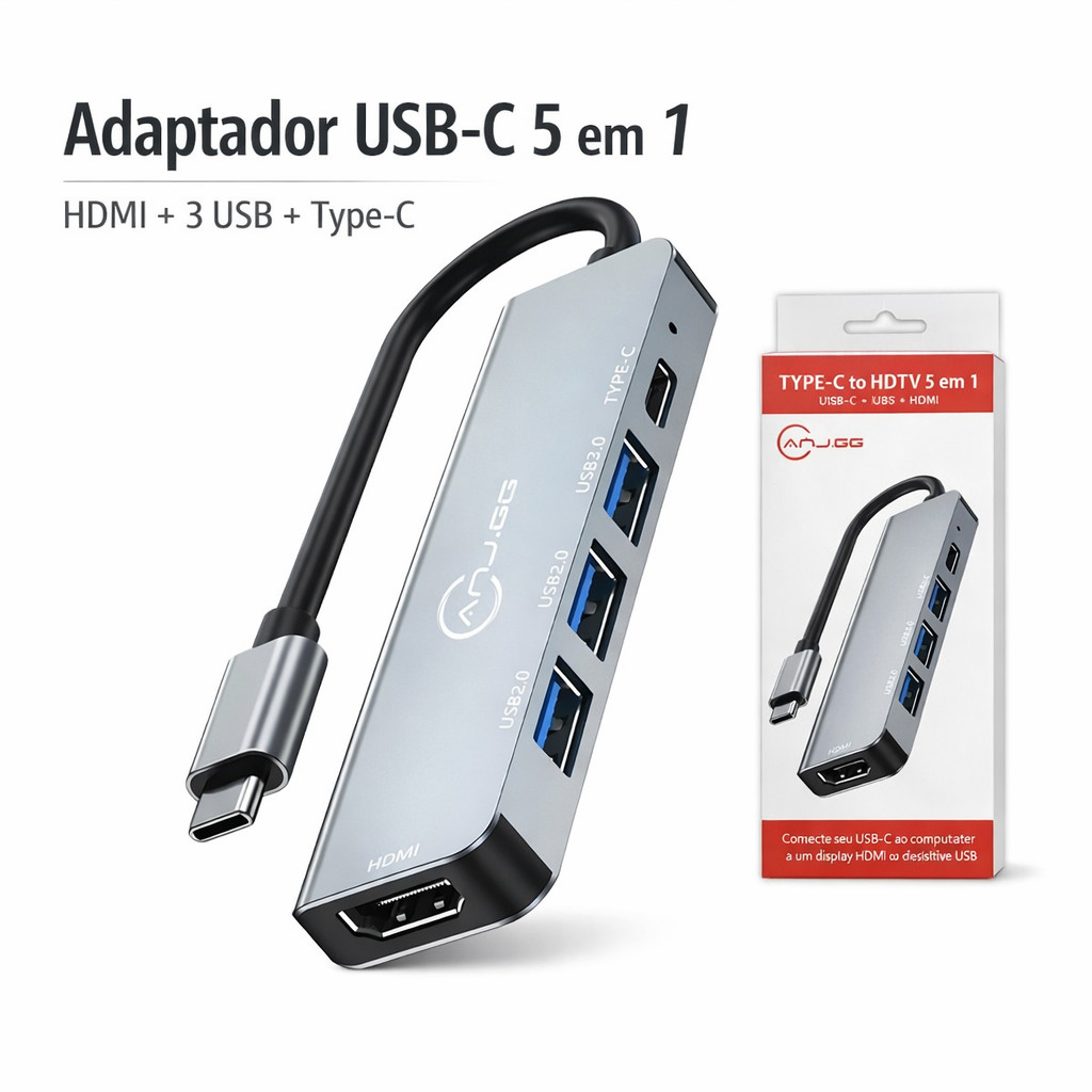 Hub USB C 5 em 1 com HDMI 4K e 3 Portas USB 3.0 Adaptador Type C