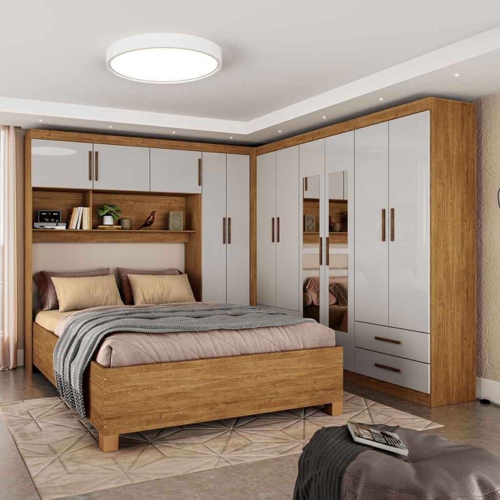 Guarda-Roupa Casal Modulado com Cama Amazzonite 11 Portas 6 Gavetas com Espelho - Pnr Móveis