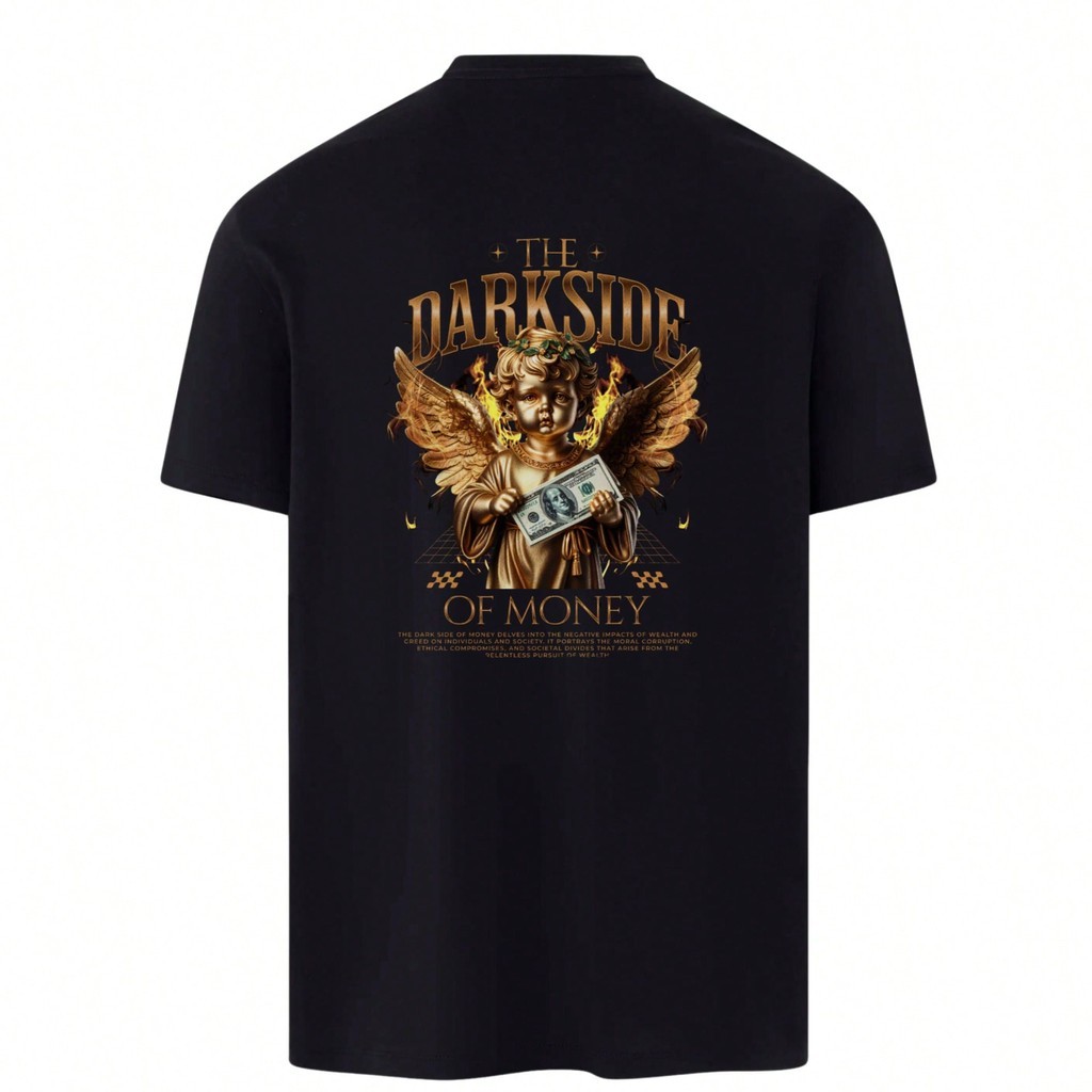 Camiseta Básica Preta Confortável Unissex Algodão Modelo "The Darkside of Money" Lançamento Especial