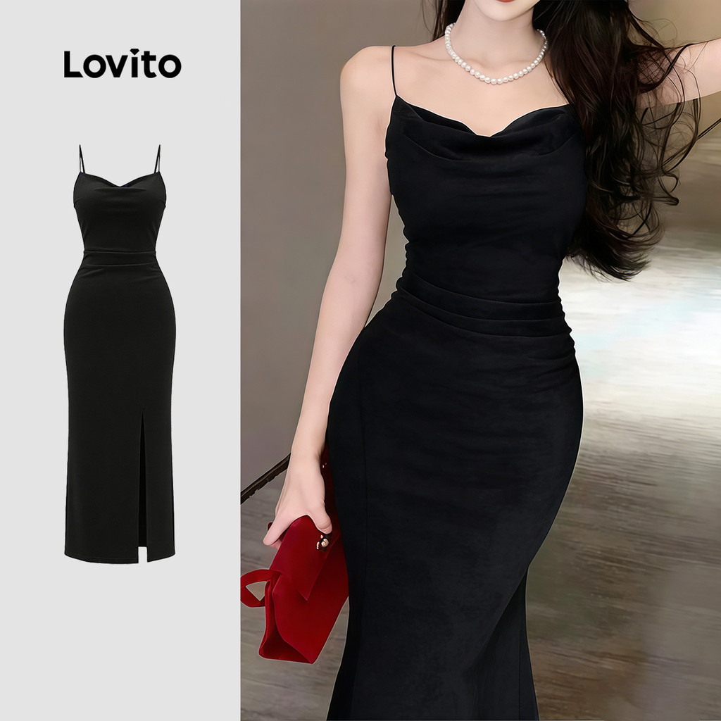 Lovito Vestido de Festa Frente Aberta Formal/casamento/dama de Honra Primavera/verão Preto para mulheres LK4ED537