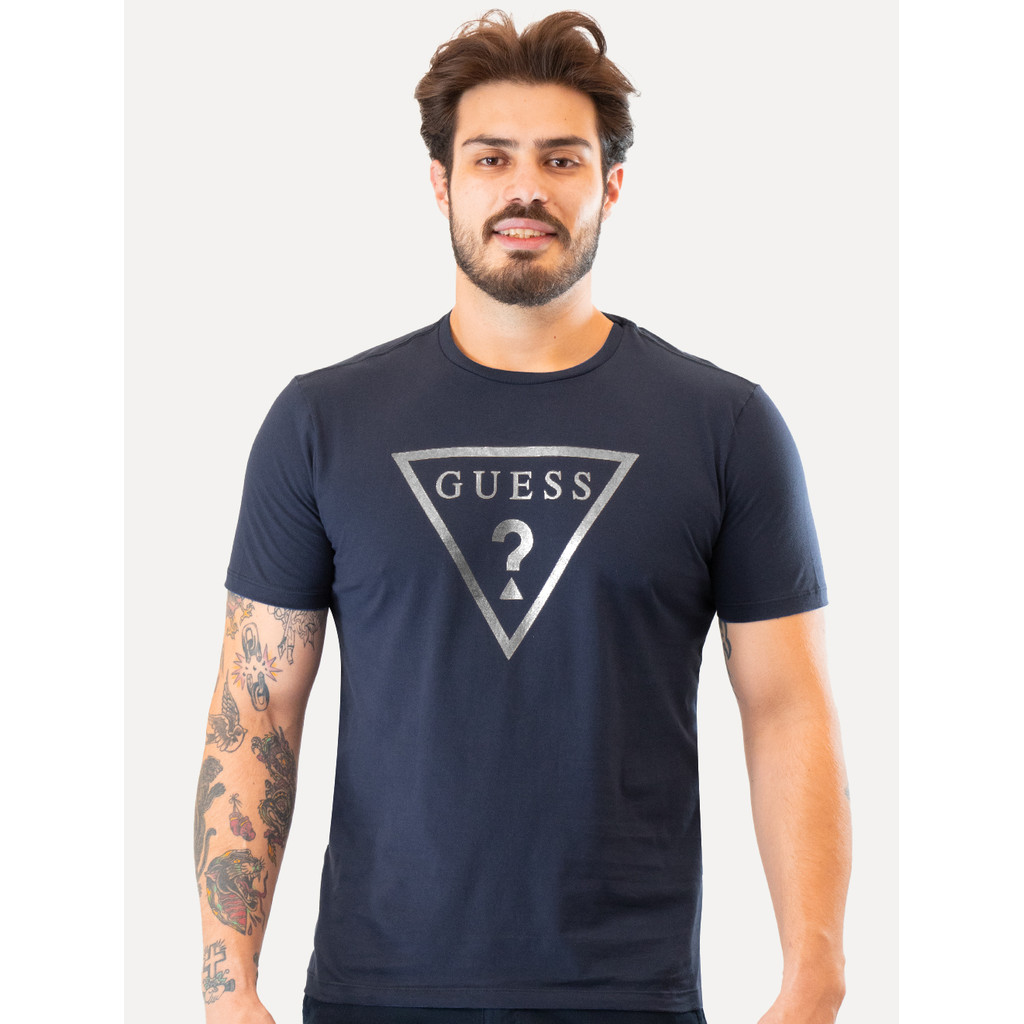 Camiseta Guess Original Masculina Foil Logo Print Azul Marinho