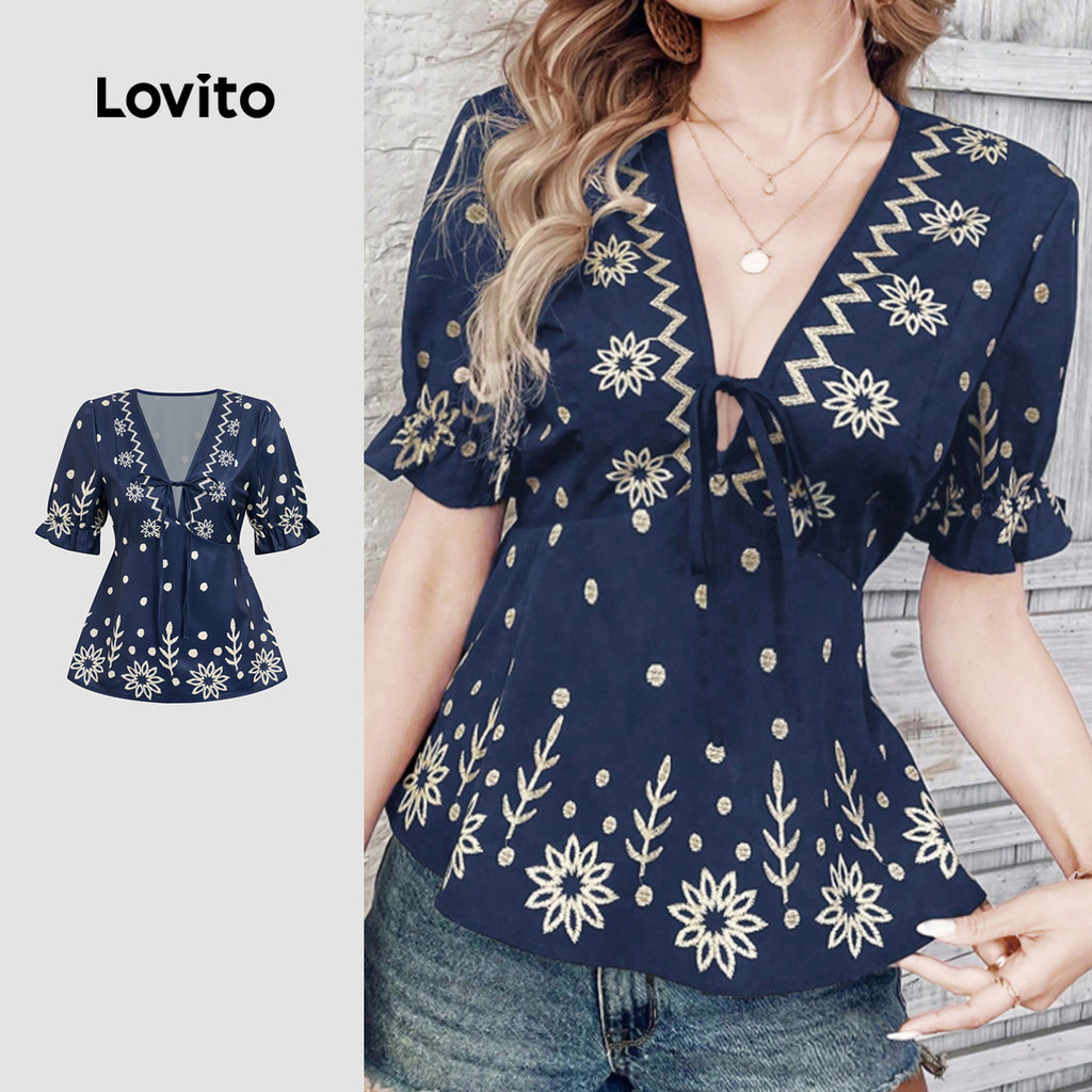 Lovito Blusa Elegante Estilo Resort De Lazer Blusa Azul Marinho Estilo Nacional Para Primavera/verão Feminina L165ED1318 em Oferta na Shopee