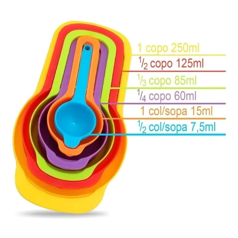 Kit 6 Medidores de Receitas Culinárias - Jogo de 6 Medidores de Cozinha Colorido com Várias Medidas de Xícara e Colheres