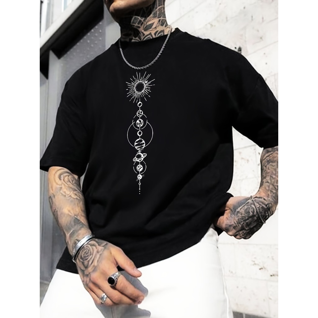 Camiseta Masculina Plus Size Planet Creative Estampada Confortável Versátil Estilosa Casual