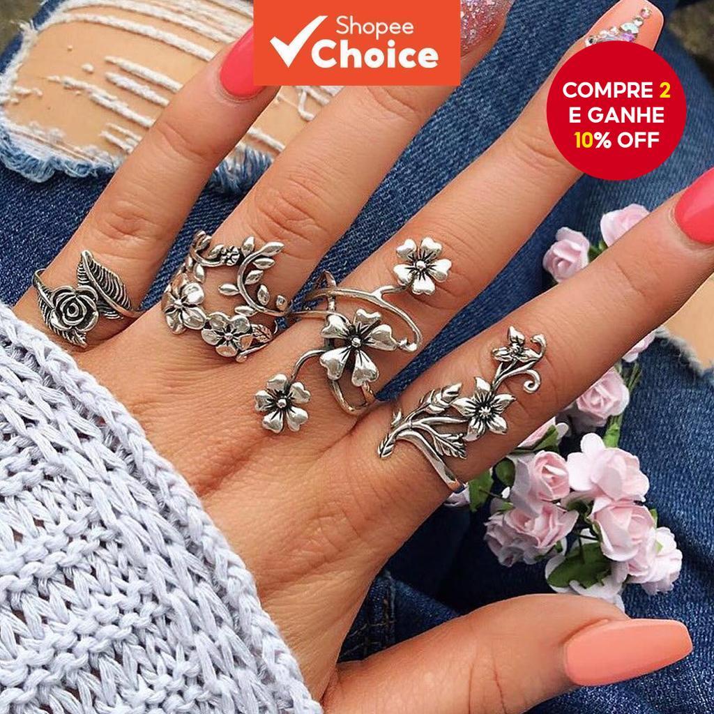 Personalidade da Moda Européia Americana Conjunto de Anel de 4 Peças Esculpido em Prata Antiga