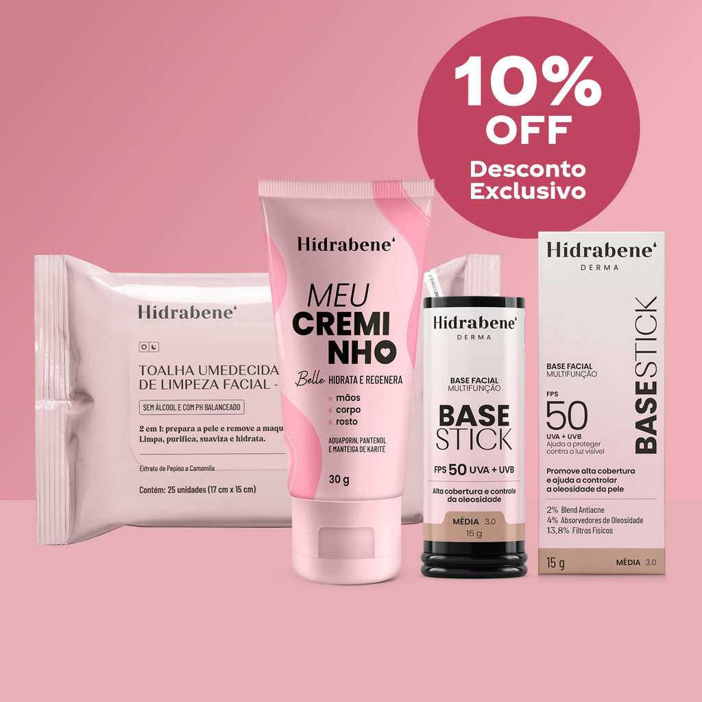 Kit Hidrabene Base Stick Média + Meu Creminho 30g + Toalha Umedecida
