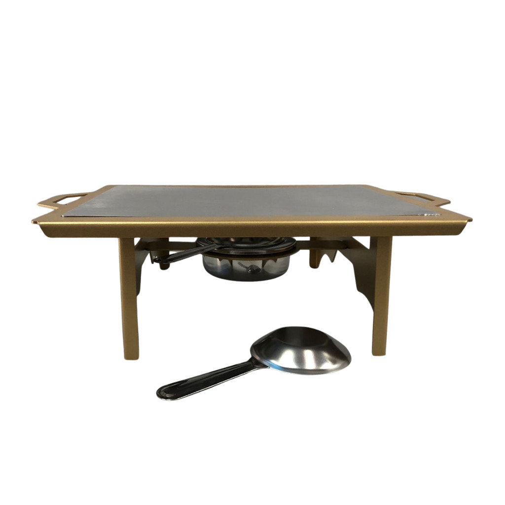 RECHAUD RETANGULAR EM AÇO DOURADO COM CHAPA DIFUSORA DE CALOR EM ALUMINIO 37CM x 27 CM QUEIMADOR INOX