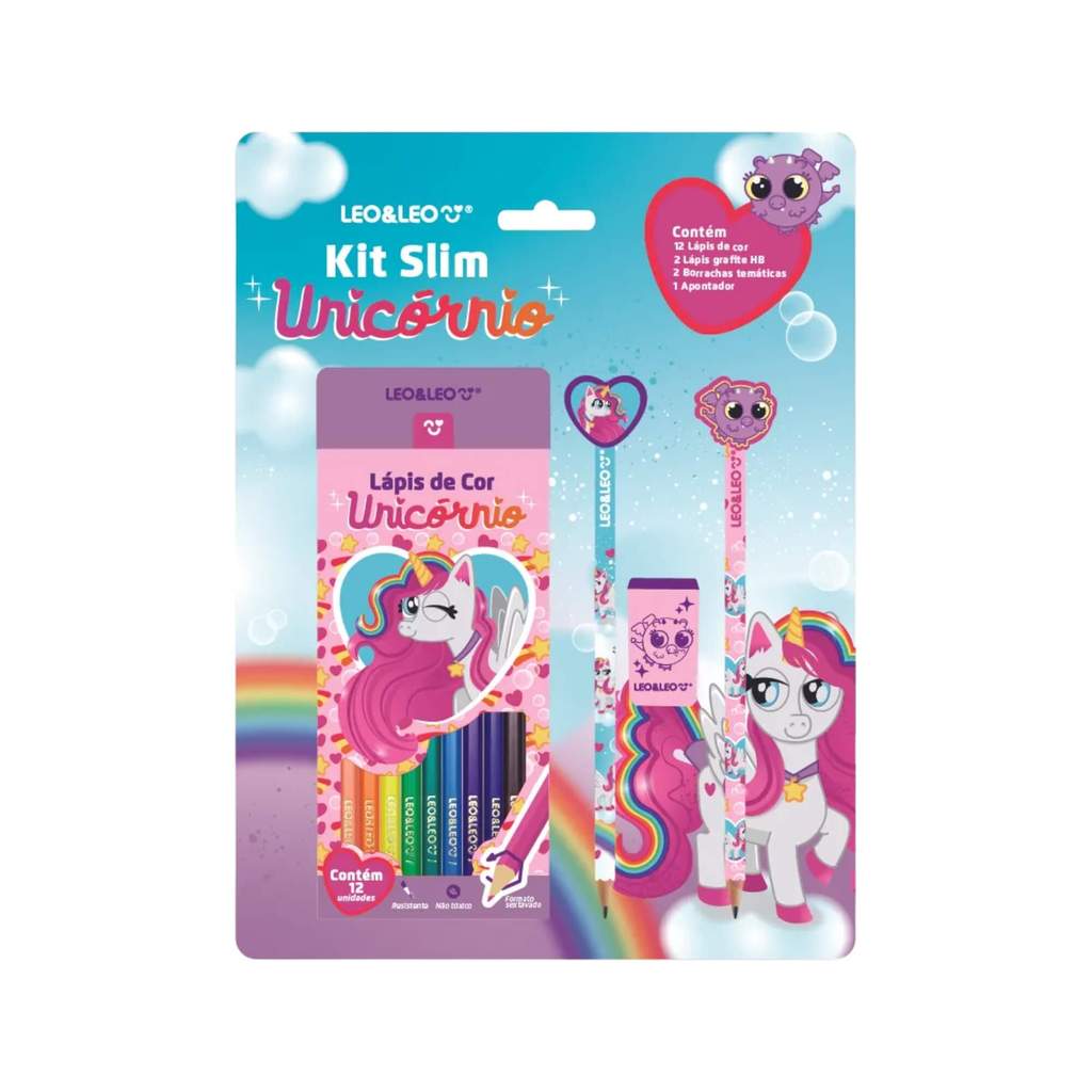 Kit Slim Lápis de Cor 12 Cores + 2 Lapis Hb c/ Borracha + Apontador Unicórnio Leonora - 10626 em Oferta na Shopee